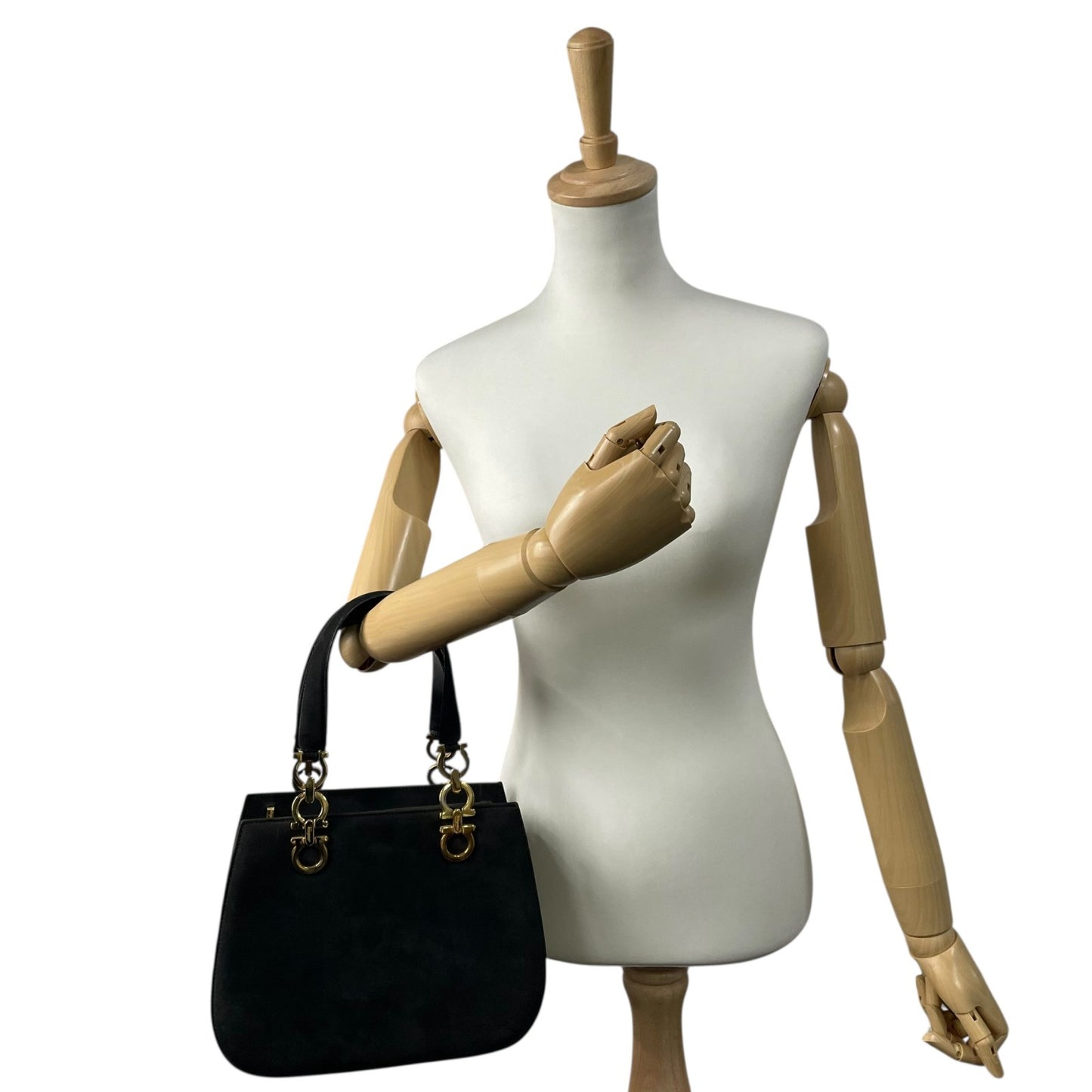 美品 Salvatore Ferragamo フェラガモ ガンチーニ 2WAY ハンドバッグ ショルダーバッグ 黒 ブラック AQ21 ゴールド金具 スエード レディース ヴィンテージ品 E