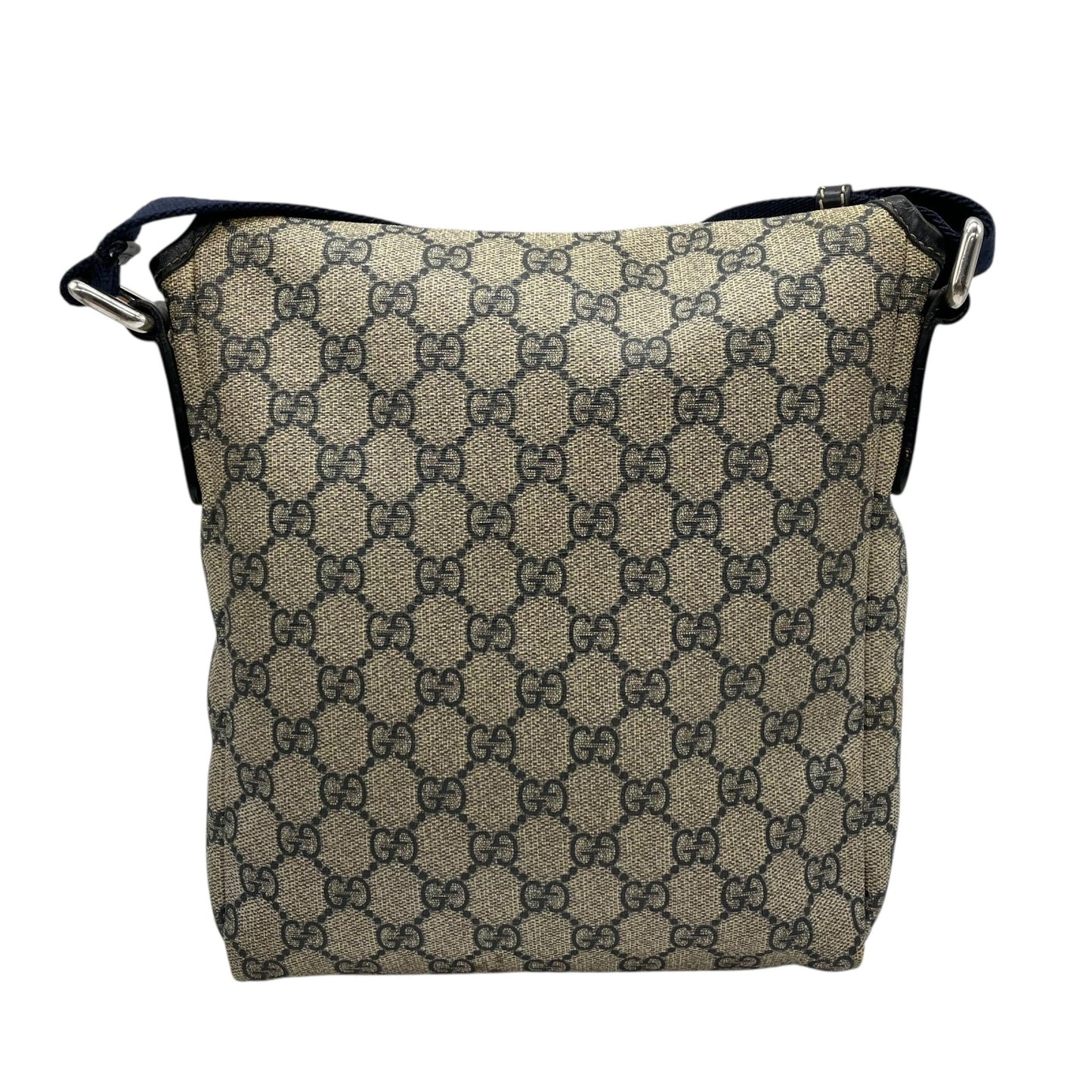 GUCCI グッチ GGスプリーム ショルダーバッグ 223666 紺 ネイビー グレー PVC レザー シルバー金具 斜め掛け可 フラップ開閉 メンズ レディース K2