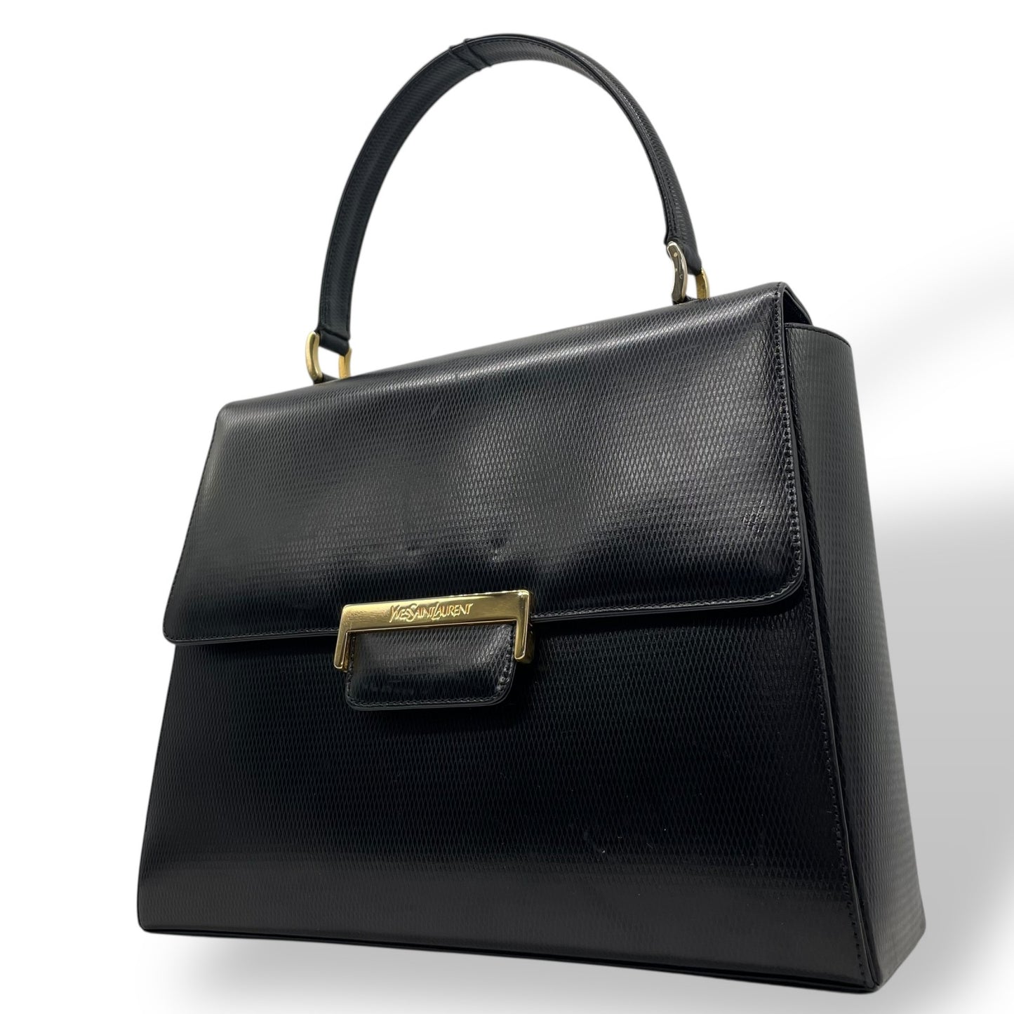 美品 Yves Saint Laurent イヴサンローラン ハンドバッグ 黒 ブラック レザー 本革 ゴールド金具 トップハンドル フラップ開閉 手提げ ロゴ フォーマル レディース ヴィンテージ A