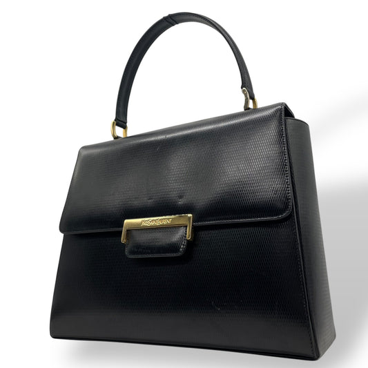 美品 Yves Saint Laurent イヴサンローラン ハンドバッグ 黒 ブラック レザー 本革 ゴールド金具 トップハンドル フラップ開閉 手提げ ロゴ フォーマル レディース ヴィンテージ A