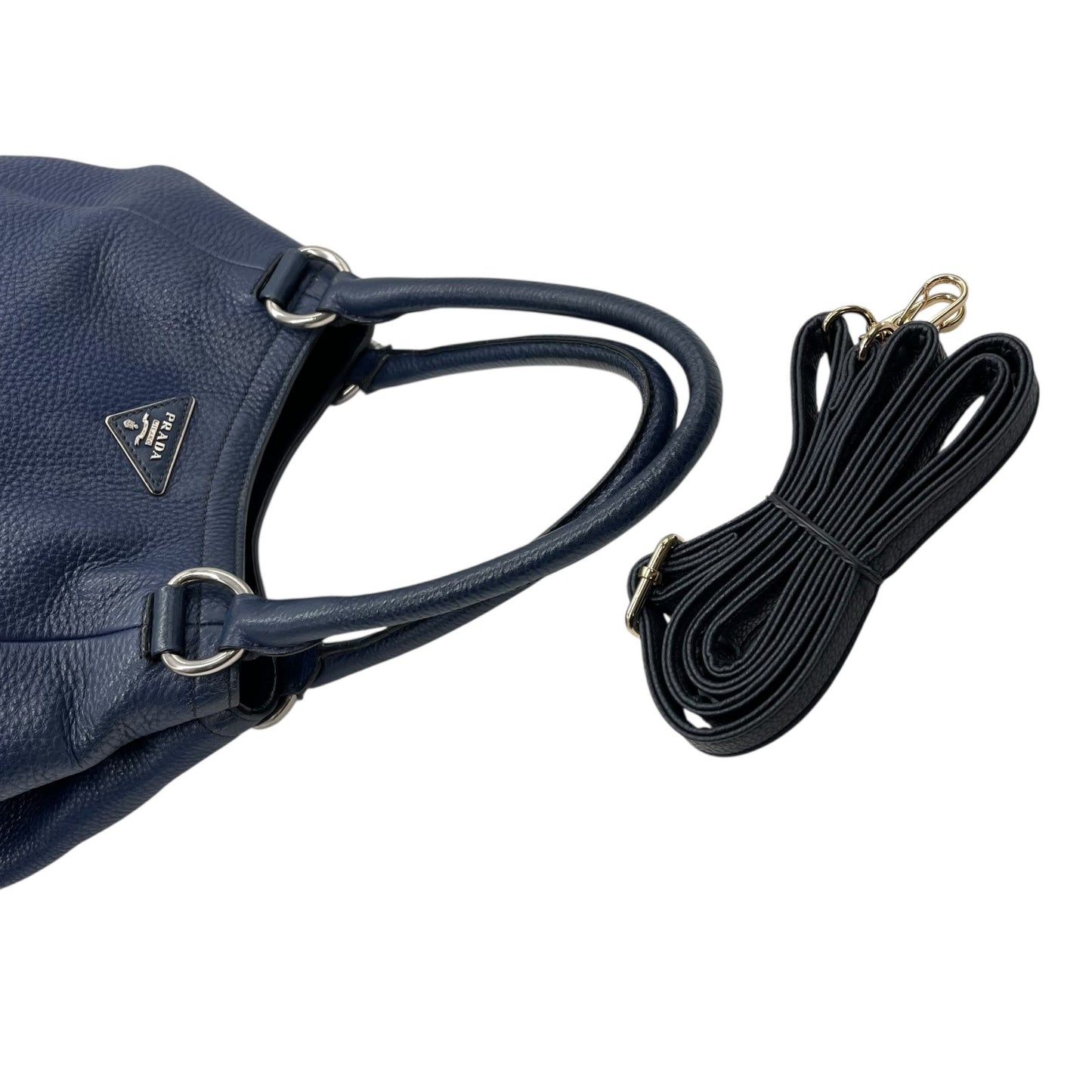 美品 PRADA プラダ 2WAY ハンドバッグ ショルダーバッグ レザー ネイビーブルー ヴィッテロ シルバー金具 B2343M 三角ロゴ 斜め掛け可 手提げ レディース Z4