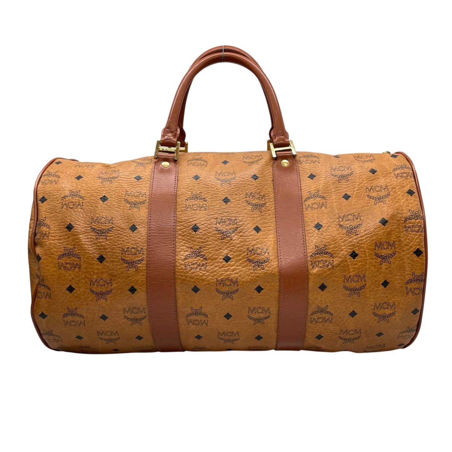 美品 MCM エムシーエム ヴィセトス ボストンバッグ 2WAY ショルダーバッグ 茶 ブラウン コニャック レザー ゴールド金具 手提げ 斜め掛け可 ロゴ レディース X