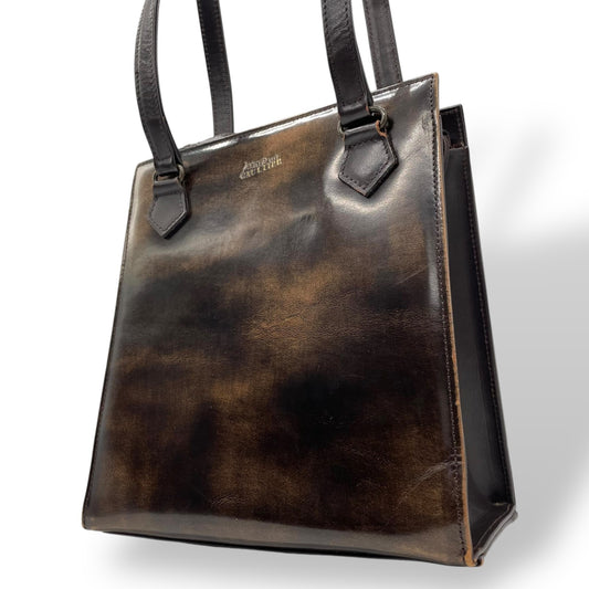 入手困難 Jean Paul GAULTIER ジャンポールゴルチエ ハンドバッグ レザー 本革 ブラウン 茶 ゴールド金具 ワンショルダー 肩掛け可 スクエア型 メンズ レディース K5