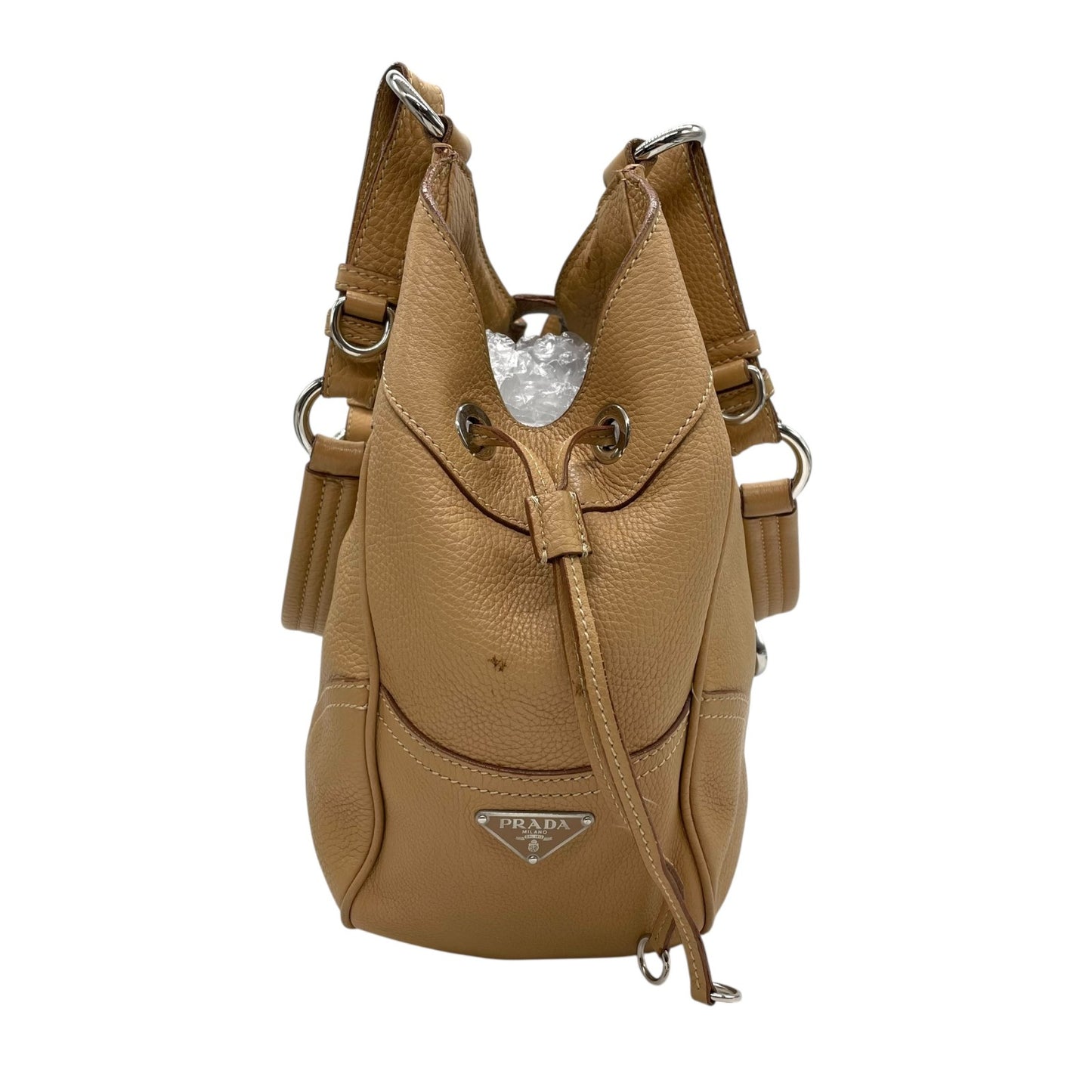 PRADA プラダ ワンショルダーバッグ ライトブラウン ベージュ レザー シボ革 トライアングルロゴ ベルトデザイン シルバー金具 C4