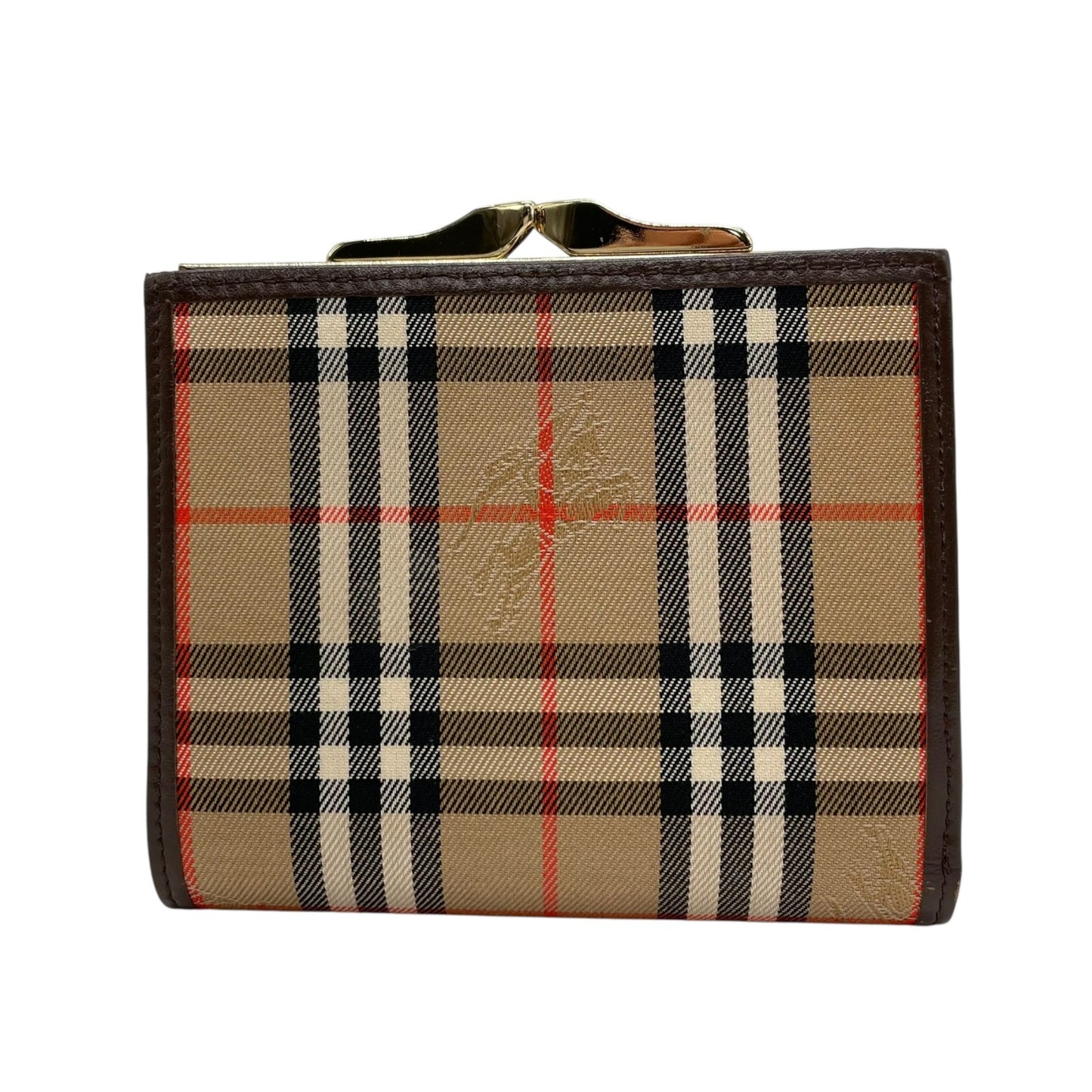 未使用級 Burberry バーバリー ノバチェック シャドーホース 二つ折り財布 がま口 ブラウン ベージュ キャンバス レザー ゴールド金具 ホースロゴ レディース ヴィンテージ M5