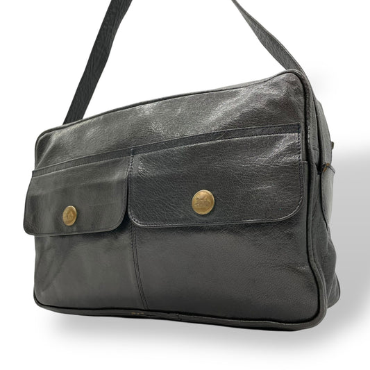 CELINE セリーヌ ダークグレー ショルダーバッグ 裏地総柄 馬車柄 ゴールド金具 ダブルポケット 肩掛け可 ポシェット レザー レディース K5