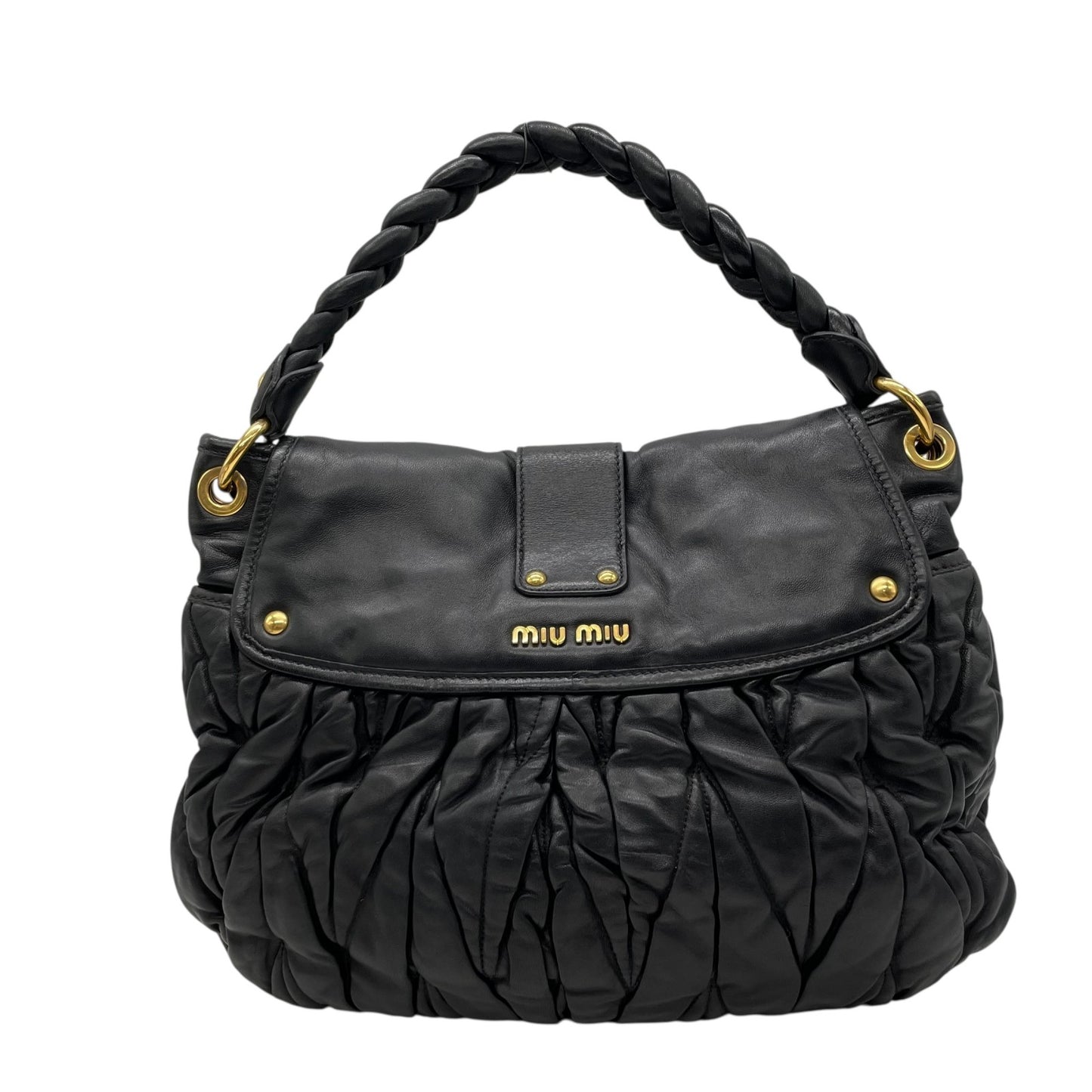 美品 miu miu ミュウミュウ 2WAY ハンドバッグ ショルダーバッグ マトラッセ マテラッセ 黒 ブラック レザー ゴールド金具 ロゴ 斜め掛け レディース C6