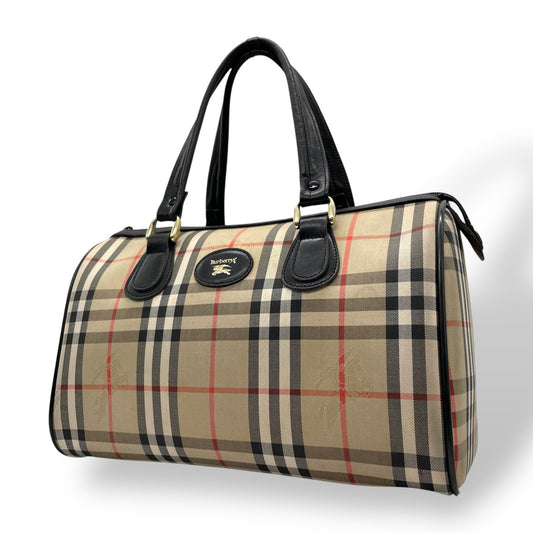 美品 Burberry バーバリー ノバチェック シャドーホース ミニボストン ハンドバッグ ベージュ ブラック キャンバス レザー ゴールド金具 ホースロゴ レディース ヴィンテージ E