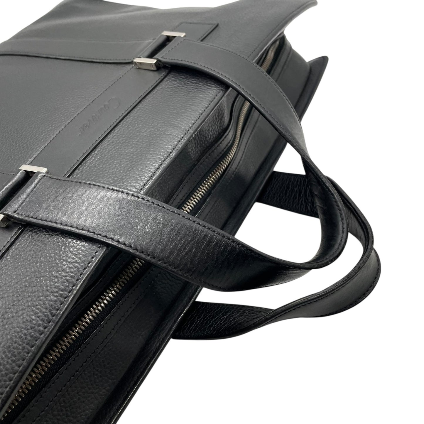 美品 現行 Cartier カルティエ ビジネスバッグ ブリーフケース 黒 ブラック レザー シボ革 シルバー金具 ロゴ型押し 2Cモチーフ 通勤 メンズ A4収納可 A