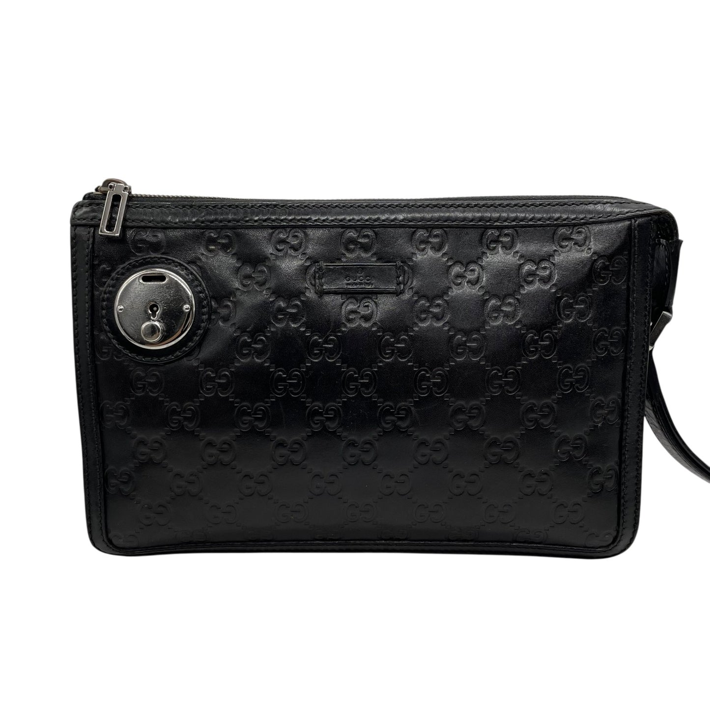 Authentic GUCCI Guccissima GG Clutch Bag Black Leather Silver Hardware With Strap