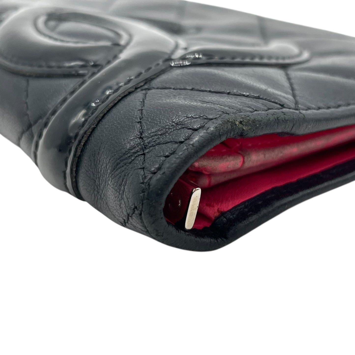 CHANEL シャネル カンボンライン ココマーク 二つ折り 長財布 黒 ブラック ピンク パテントレザー シルバー金具 レディース M5