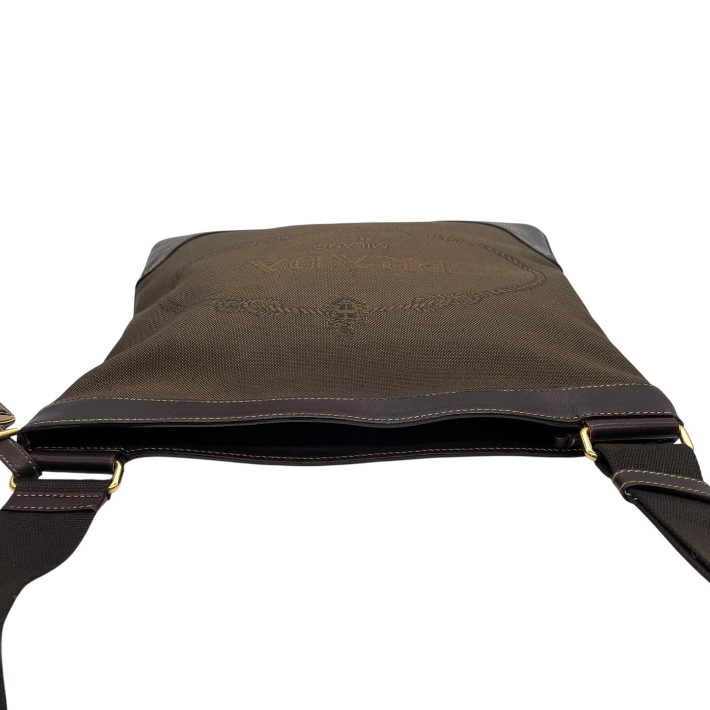Authentic PRADA Logo Jacquard Large Logo Canvas Leather Shoulder Bag Brown Crossbody Women