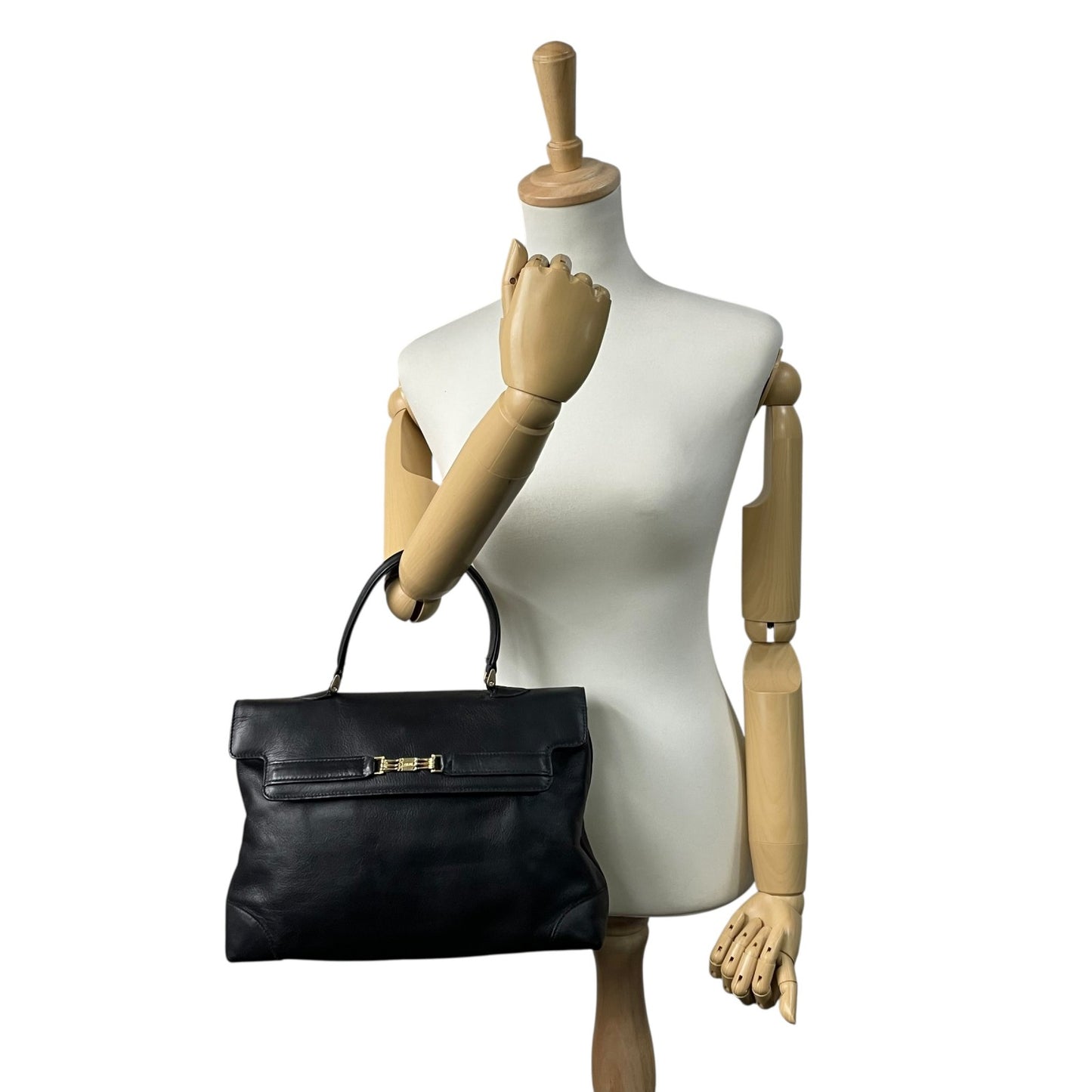 Authentic CELINE Black Leather Vintage Retro Handbag Gold Hardware Belt Design Old Celine Women Formal Bag