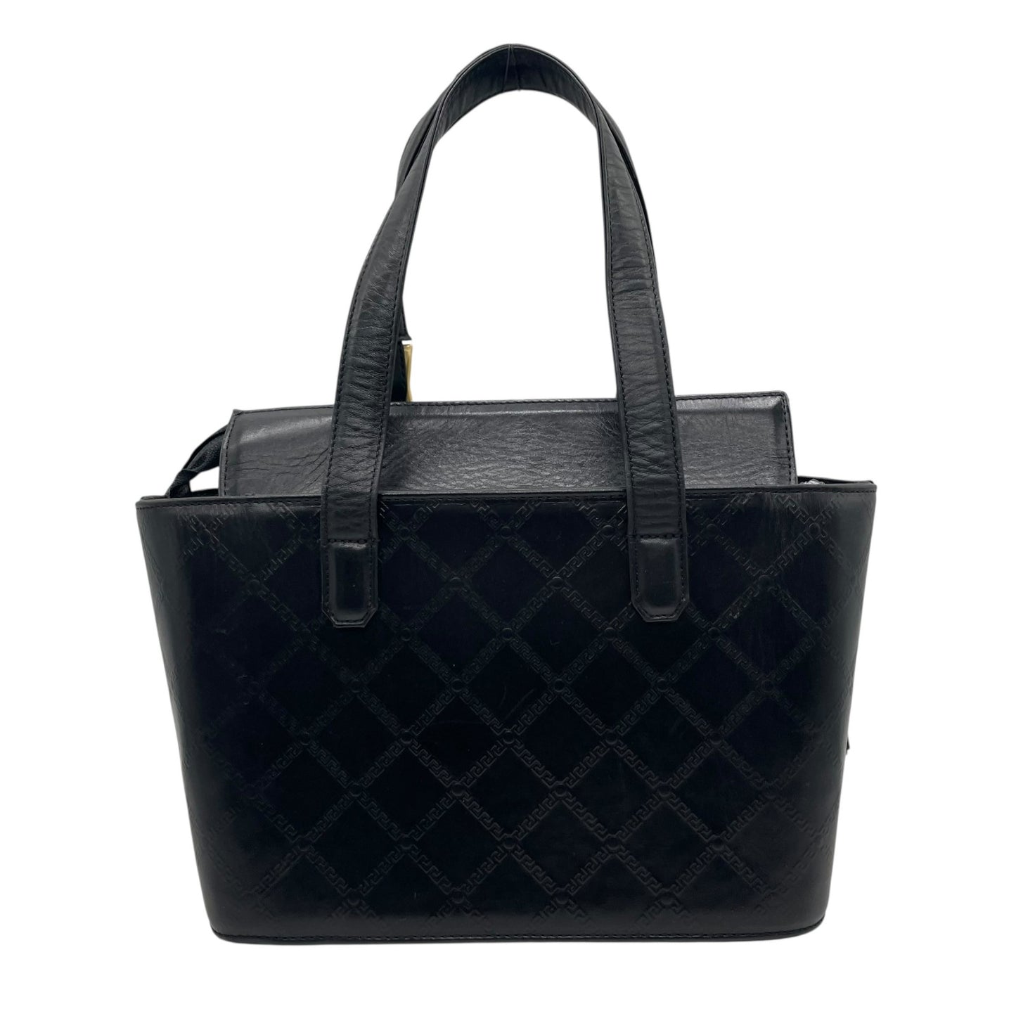 Authentic GIANNI VERSACE Vintage Mini Handbag Tote Black Leather Gold Hardware Fringe Tassel Women