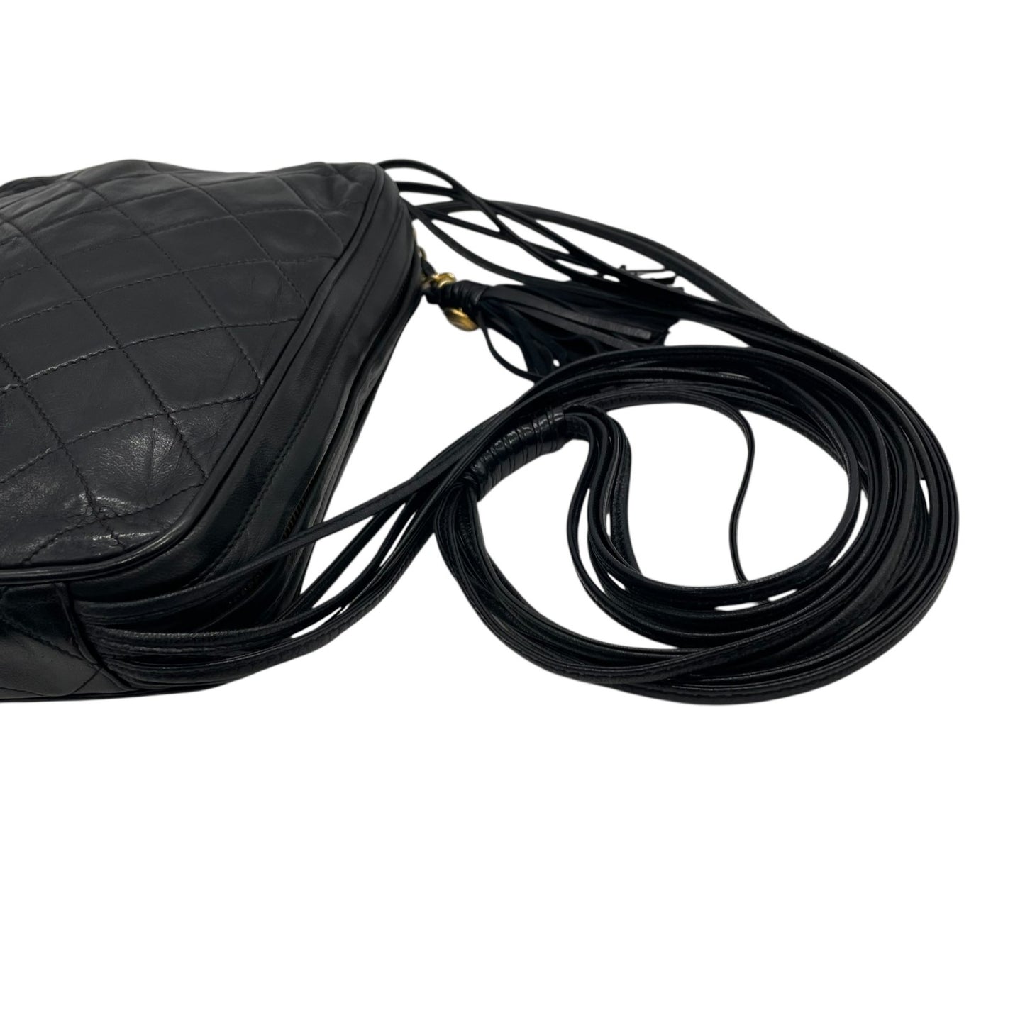 Authentic CHANEL Matelasse Fringe Shoulder Bag Black Leather Vintage Gold Crossbody