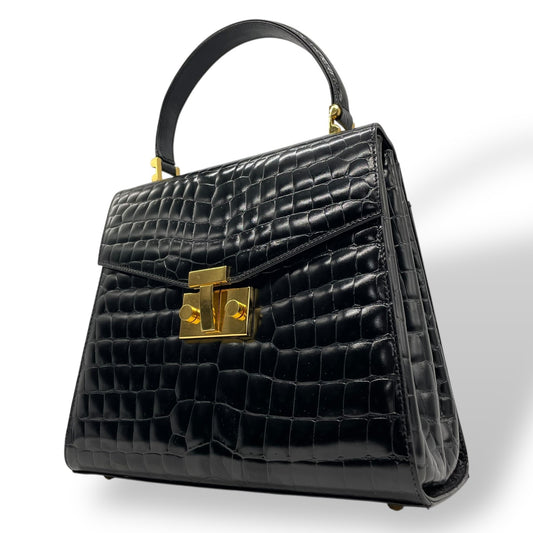 美品 TIFFANY＆Co. ティファニー ハンドバッグ 黒 ブラック レザー クロコ型押し ゴールド金具 手提げ トップハンドル フラップ開閉 レディース B