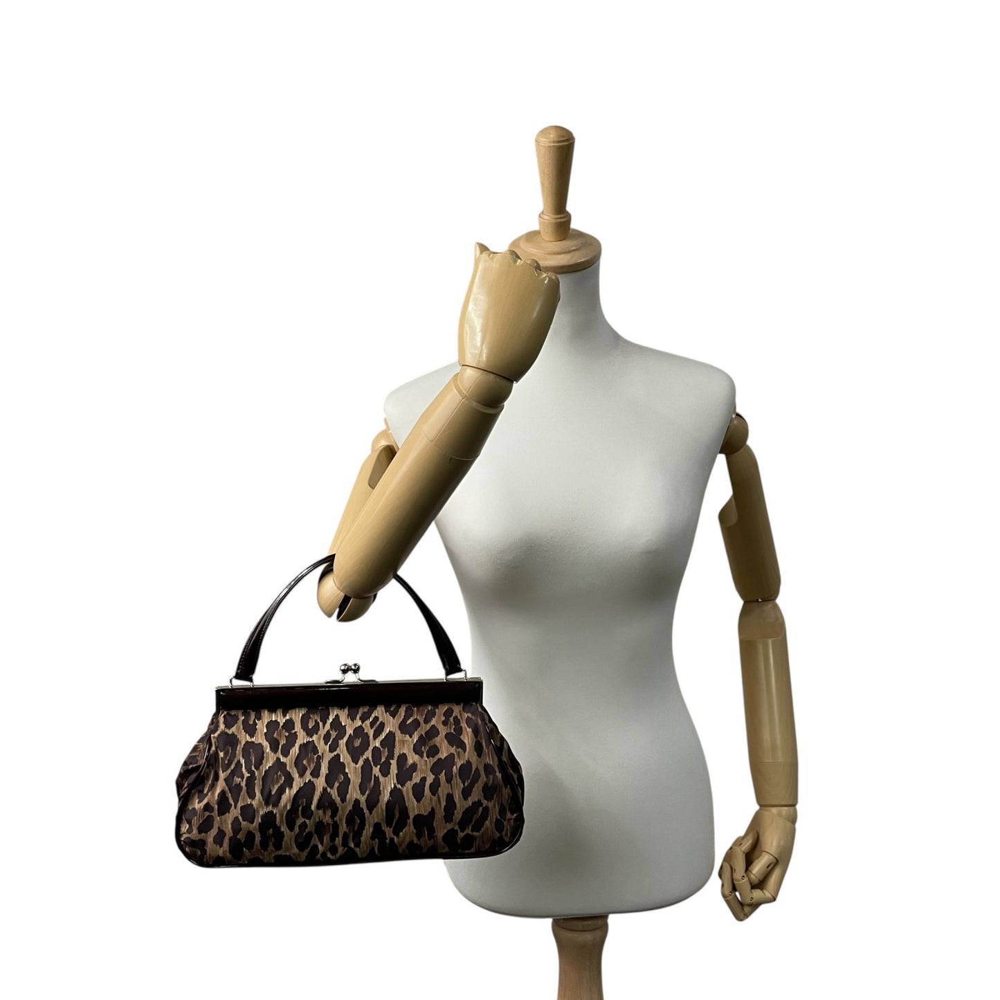 美品 DOLCE&GABBANA ドルチェ＆ガッパーナ ハンドバッグ レオパード ヒョウ柄 茶 ブラウン ナイロン パテントレザー シルバー金具 がま口 レディース C3