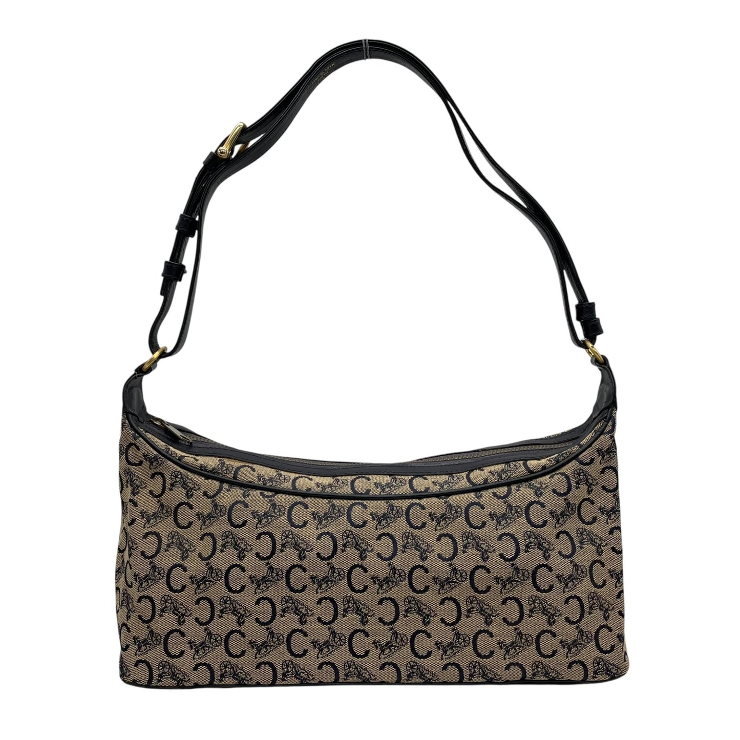 Authentic CELINE CMacadam Triomphe Canvas Leather Shoulder Bag Beige Black