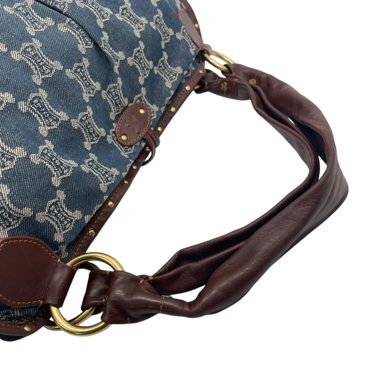 Authentic CELINE Pari Macadam Triomphe Denim Leather Handbag Brown Hardware