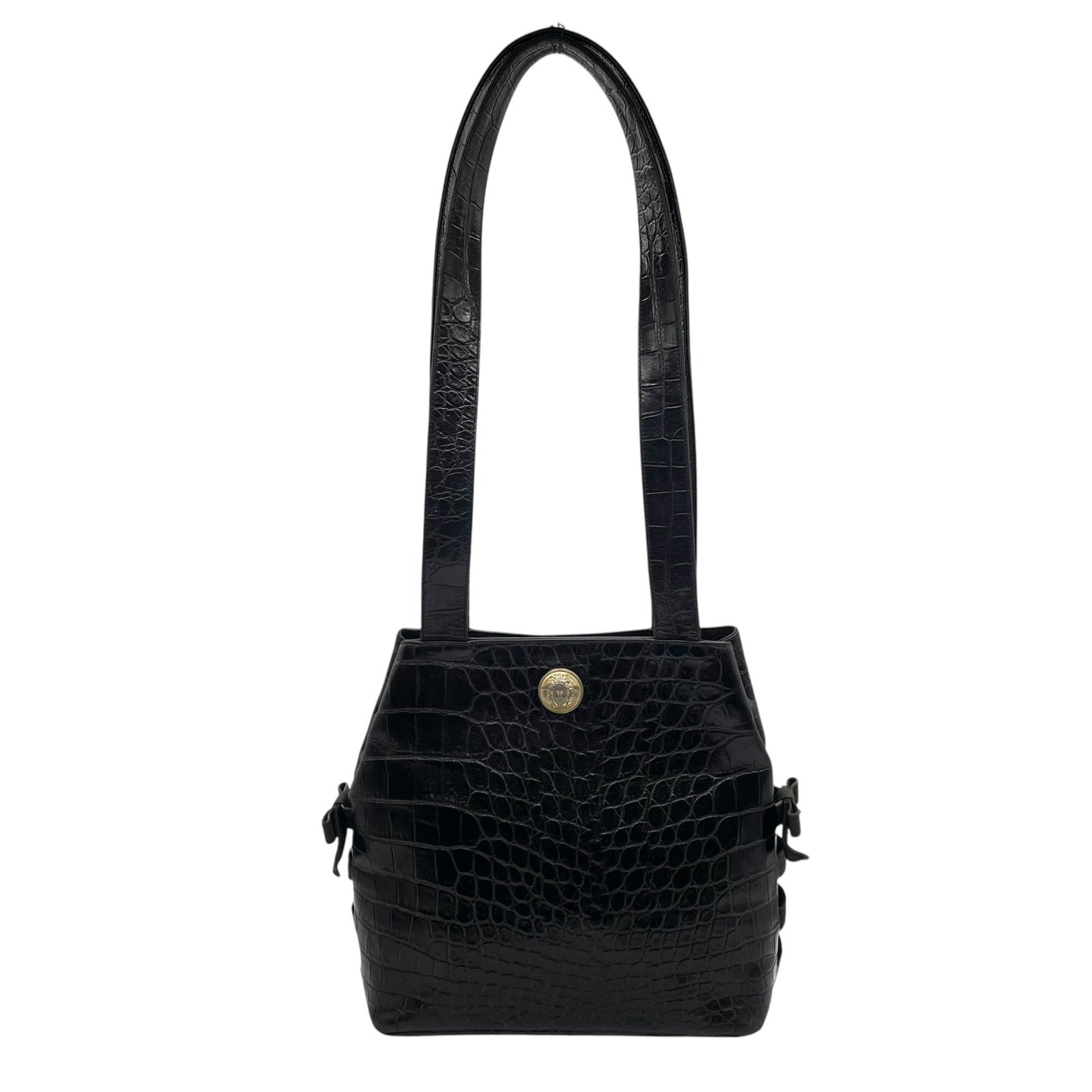 Authentic VERSACE Medusa Embossed Leather Tote Handbag Black Gold