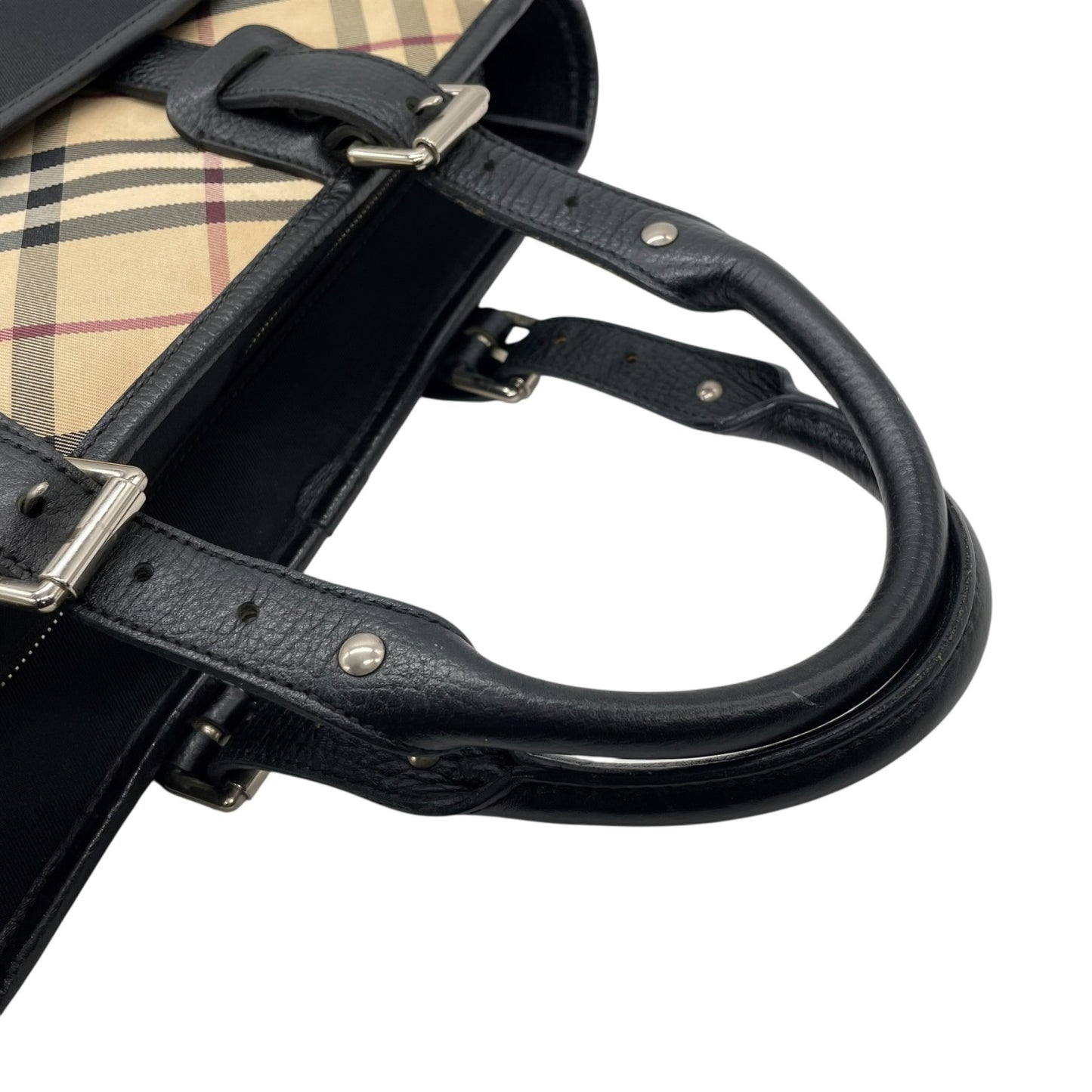 Authentic BURBERRY Check Nylon Leather Tote Bag Black A4 Size