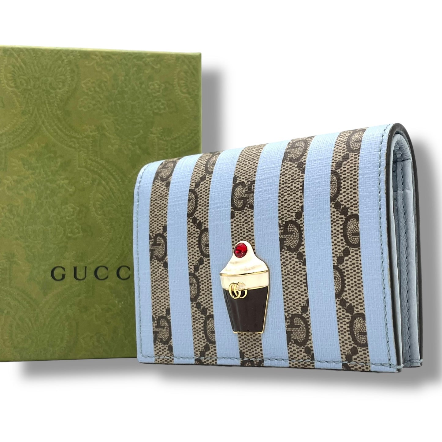 【新品同様】 GUCCI グッチ GGスプリーム アイスクリーム 二つ折り財布 コンパクトウォレット ベージュ×ライトブルー PVC レザー レディース 701489 M2