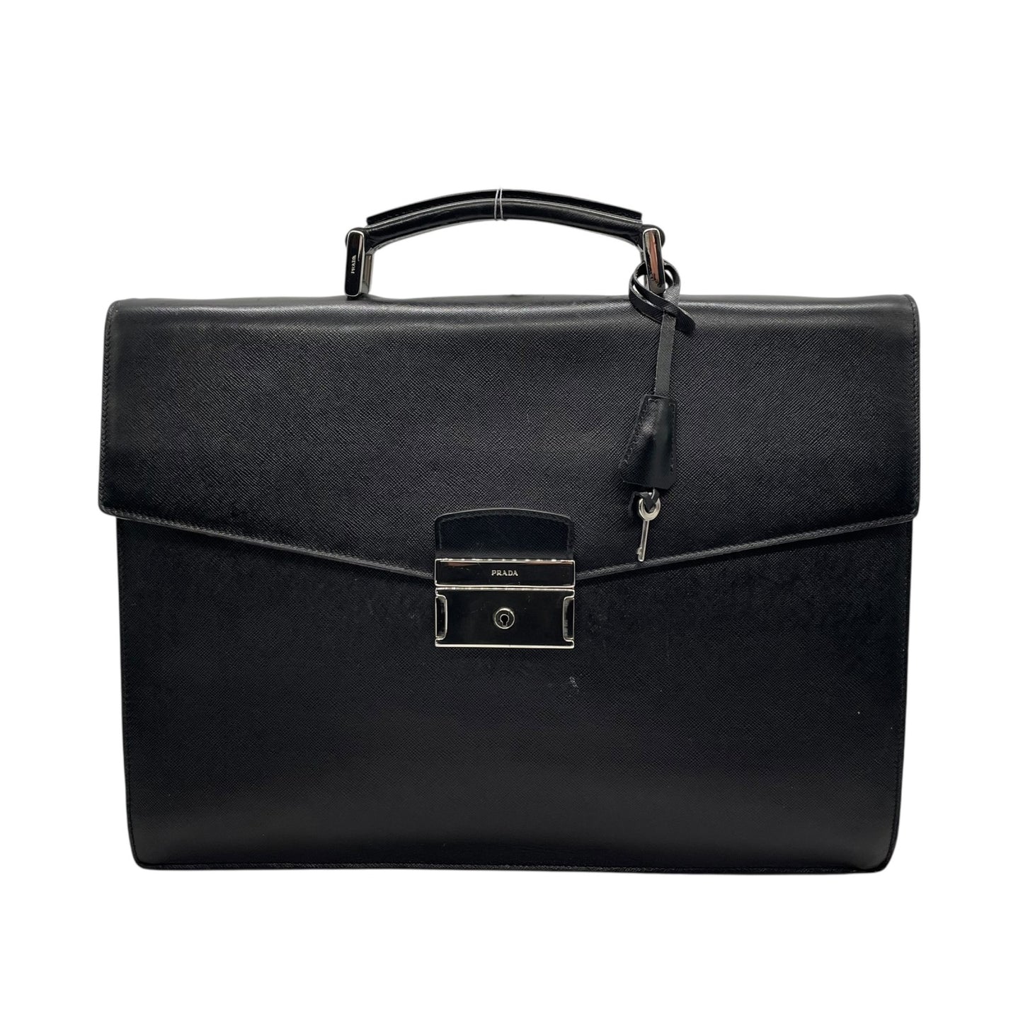 美品 PRADA プラダ ビジネスバッグ ダレスバッグ ブリーフケース 書類かばん 黒 ブラック NERO サフィアーノレザー シルバー金具 ロゴ クロシェット メンズ ビジネス D