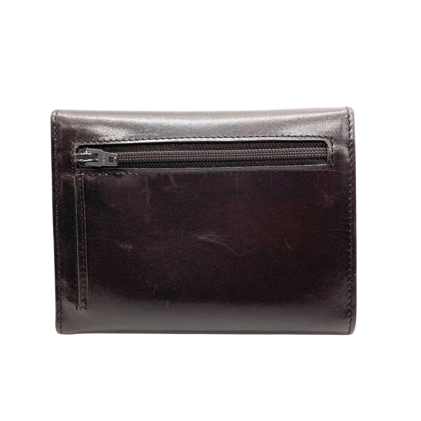 美品 PRADA プラダ 三つ折り財布 コンパクト財布 三角プレートロゴ トライアングルロゴ 茶 ダークブラウン レザー シルバー金具 メンズ レディース M5