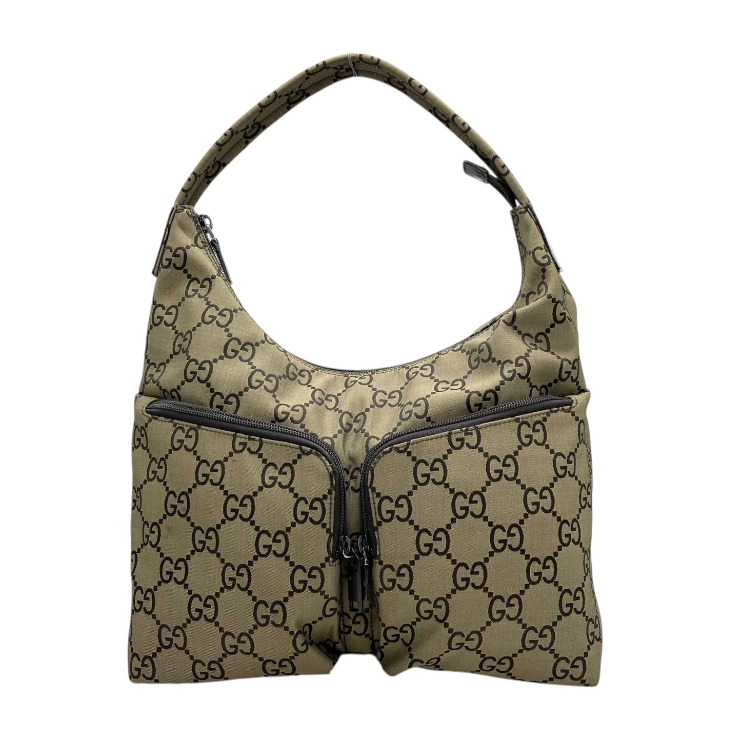 美品 GUCCI グッチ GGキャンバス ワンショルダーバッグ ハンドバッグ カーキ ブラウン キャンバス レザー シルバー金具 GG柄 ダブルポケット レディース K6