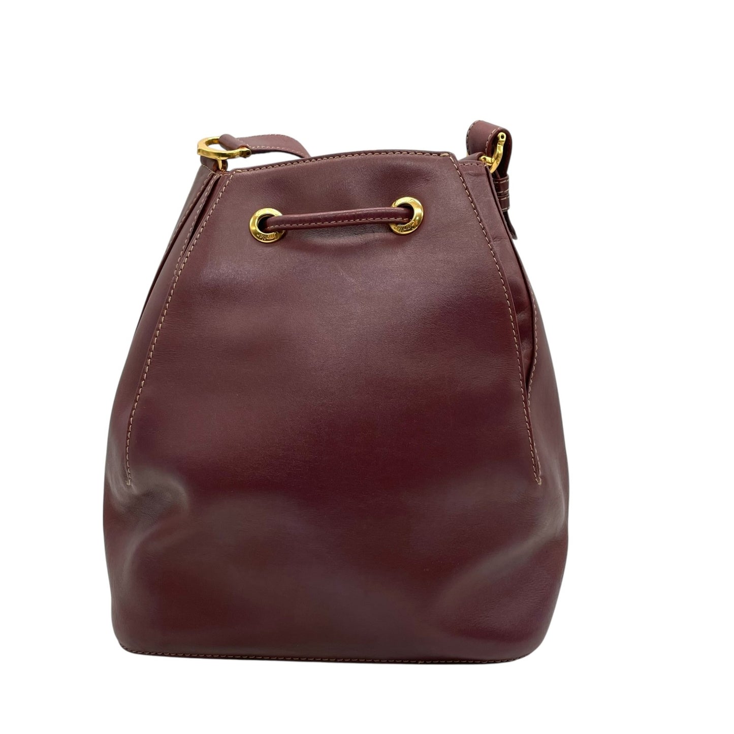 美品 Cartier カルティエ マストライン 巾着型 ショルダーバッグ 赤 ボルドー ワインレッド レザー ゴールド金具 ロゴ 2Cモチーフ 斜め掛け可 レディース ギャランティカード付き K12