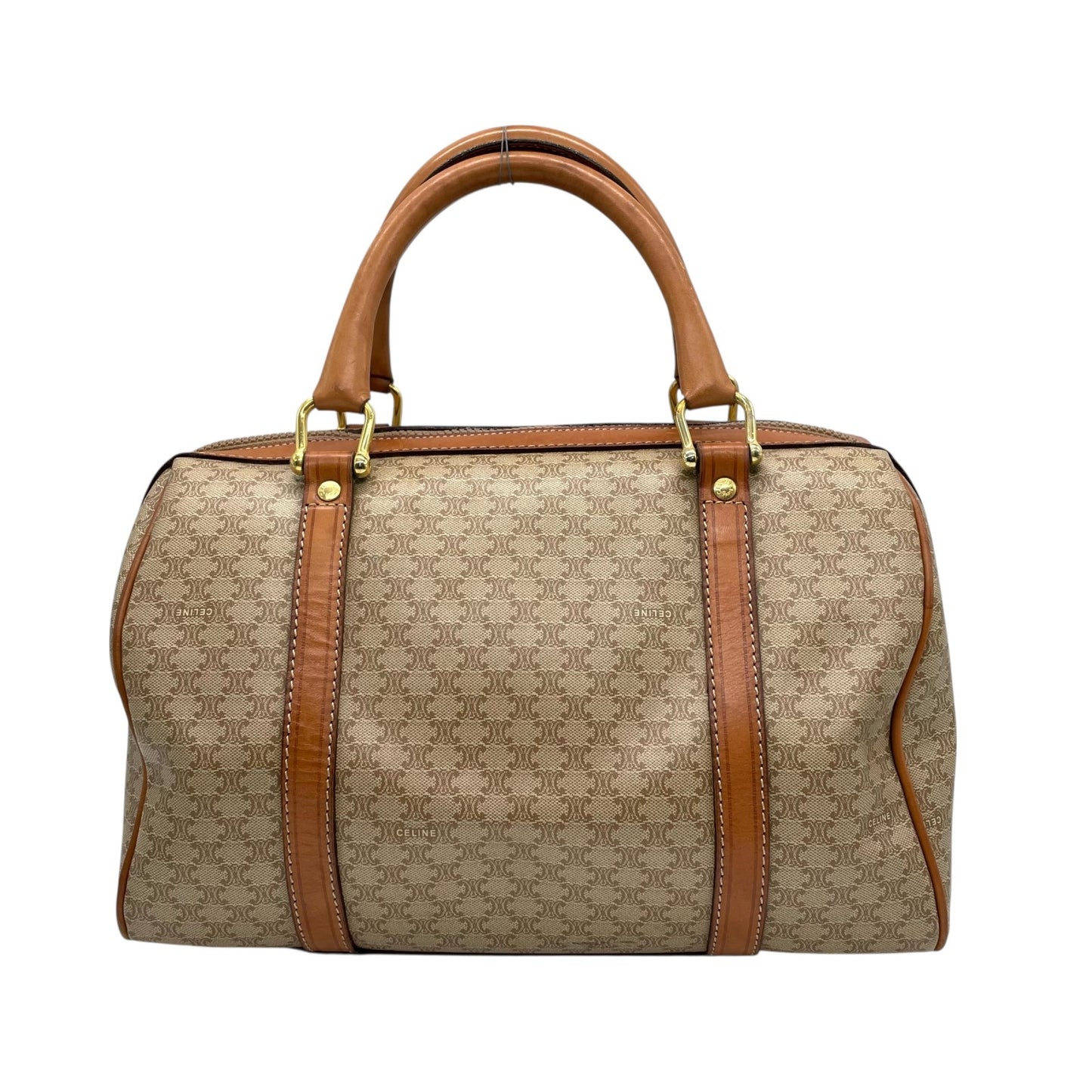 美品 セリーヌ CELINE マカダム柄 ボストンバッグ ハンドバッグ ブラウン 茶色 ベージュ トリオンフロゴ PVC×レザー ヴィンテージ 大容量 バッグ B