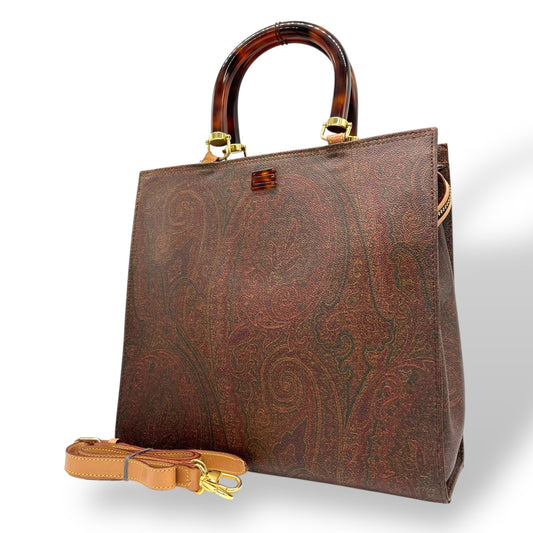 美品 エトロ ETRO ペイズリー柄 トートバッグ ハンドバッグ 2WAY ブラウン 茶色 ショルダー レザー ストラップ付き ヴィンテージ 高級 バッグ A