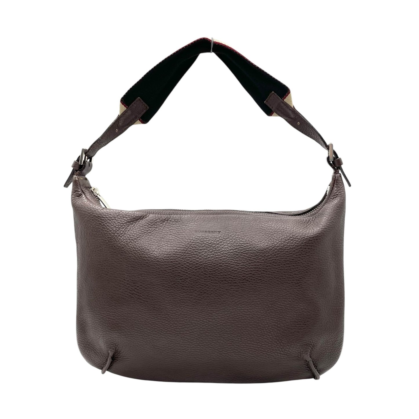 美品 BURBERRY バーバリー ワンショルダーバッグ ハンドバッグ 茶 ダークブラウン レザー シルバー金具 ロゴ型押し 肩掛け可 ファスナー開閉 ホーボー レディース K4