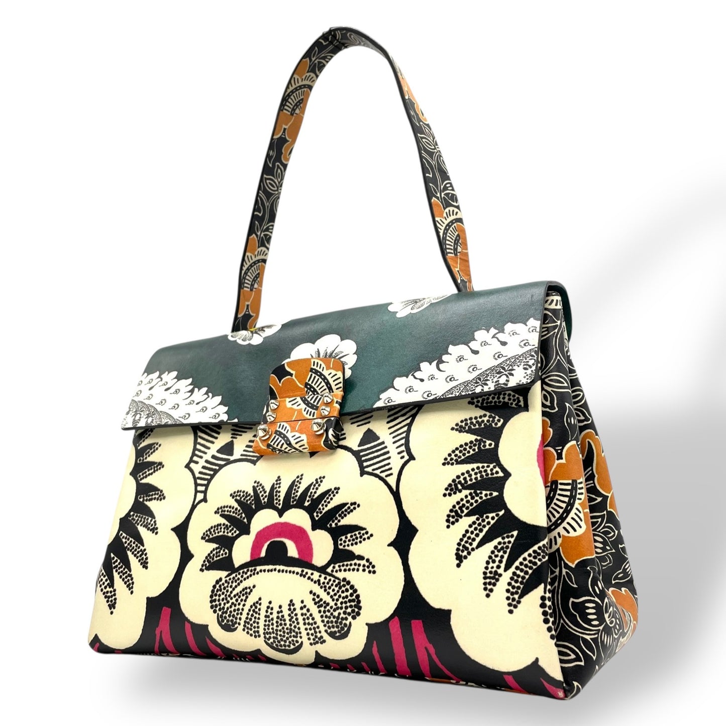 希少 美品 VALENTINO GARAVANI ヴァレンティノ・ガラヴァーニ ハンドバッグ フローラルプリント マイム シングルハンドル グリーン系 マルチカラー レザー シルバー金具 レディース D