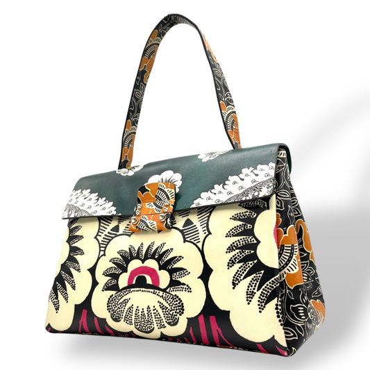 希少 美品 VALENTINO GARAVANI ヴァレンティノ・ガラヴァーニ ハンドバッグ フローラルプリント マイム シングルハンドル グリーン系 マルチカラー レザー シルバー金具 レディース D
