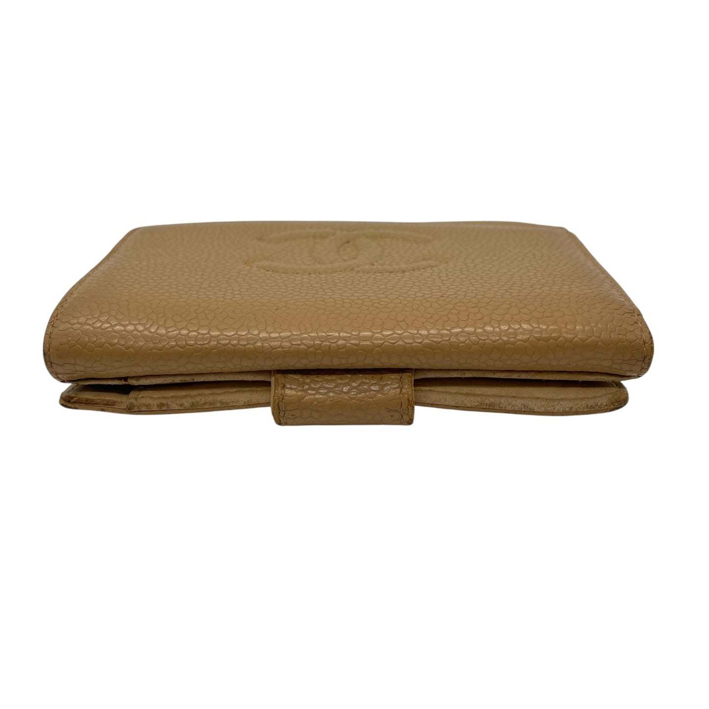 シャネル CHANEL 三つ折り財布 キャビアスキン調 レザー ココマーク 型押し キャメル ゴールド金具 金金具 箱・カード付 シール付 W2