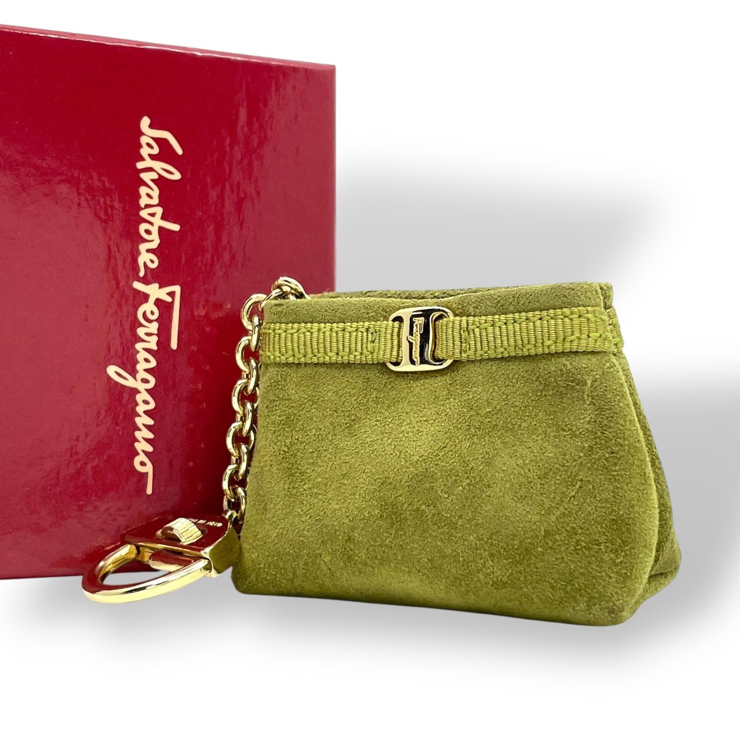 サルヴァトーレフェラガモ Ferragamo ヴァラリボン バッグチャーム キーホルダー コインケース 小物入れ スエード 緑 グリーン ゴールド金具 ボックス付 M3