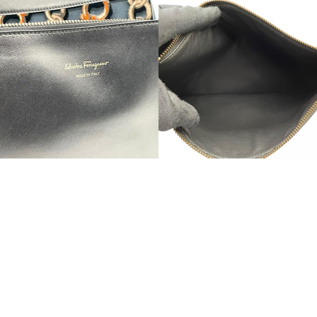 美品 Salvatore Ferragamo サルヴァトーレ フェラガモ ガンチーニ チェーン柄 ハンドバッグ 紺 ネイビー 黒 ブラック キャンバス レザー ゴールド金具 レディース B