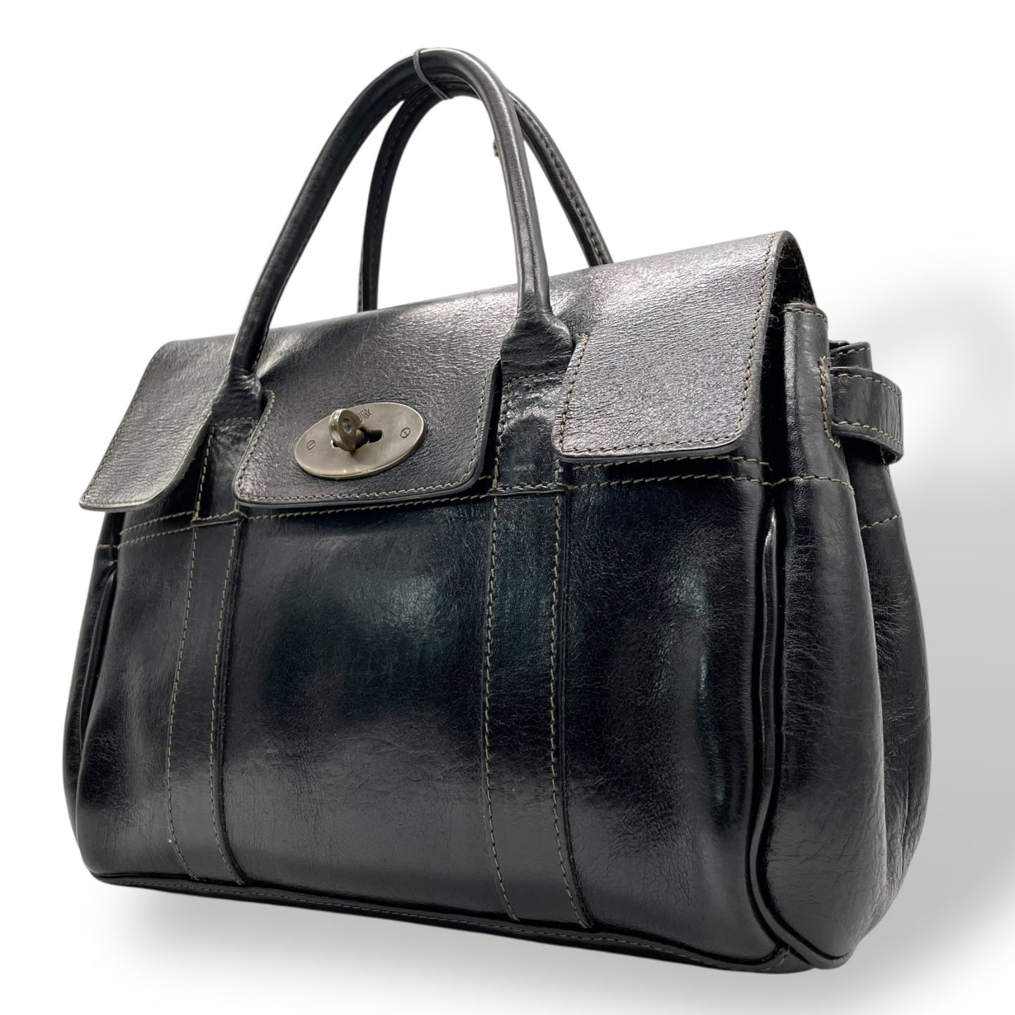 美品 MULBERRY マルベリー ベイズウォーター ハンドバッグ トートバッグ 黒 ブラック レザー シルバー金具 手提げ ターンロック レディース D