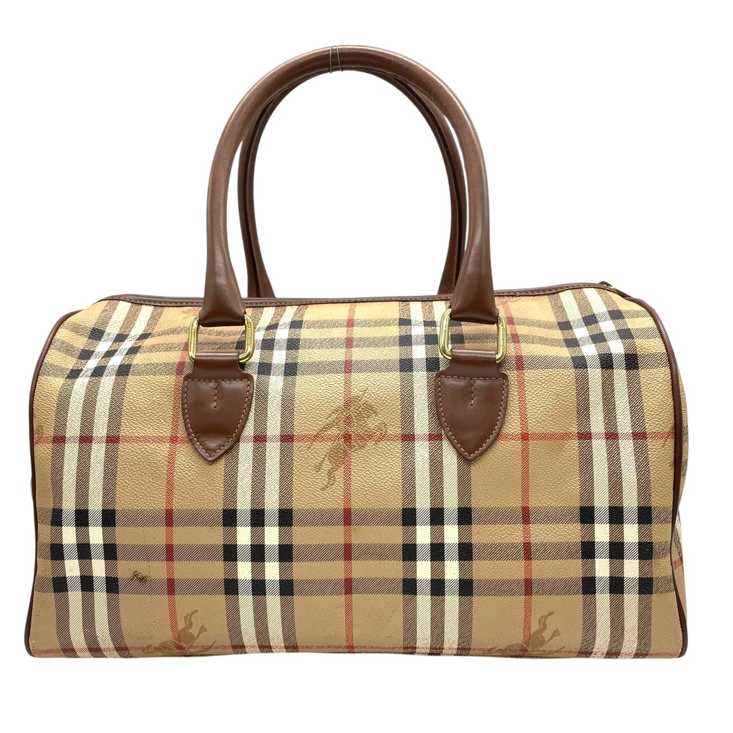 BURBERRY バーバリー ノバチェック シャドーホース ホースロゴ ボストンバッグ 茶 ブラウン ベージュ PVC レザー ゴールド金具 手提げ ヴィンテージ メンズ レディース E