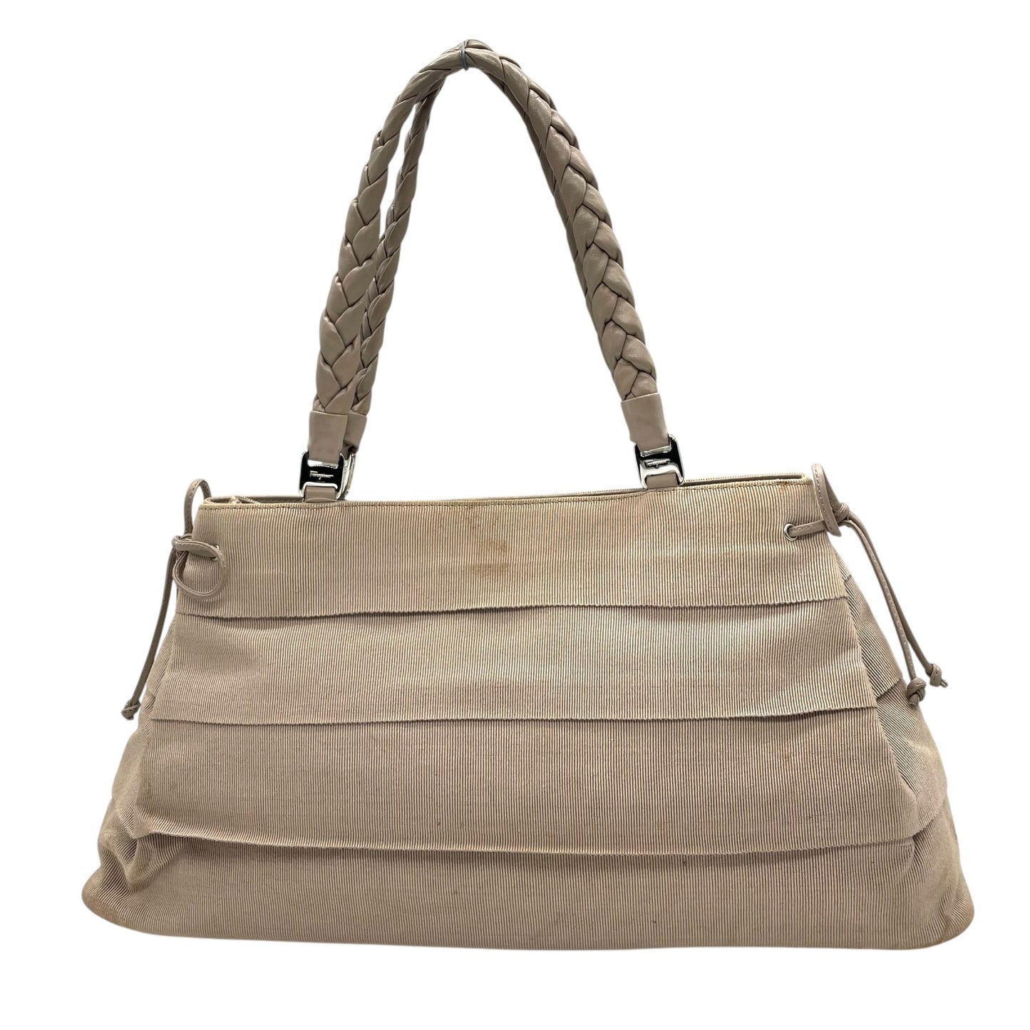 サルヴァトーレフェラガモ ハンドバッグ 編み込みレザーハンドル グレー キャンバス トートバッグ 肩掛け可能 K2