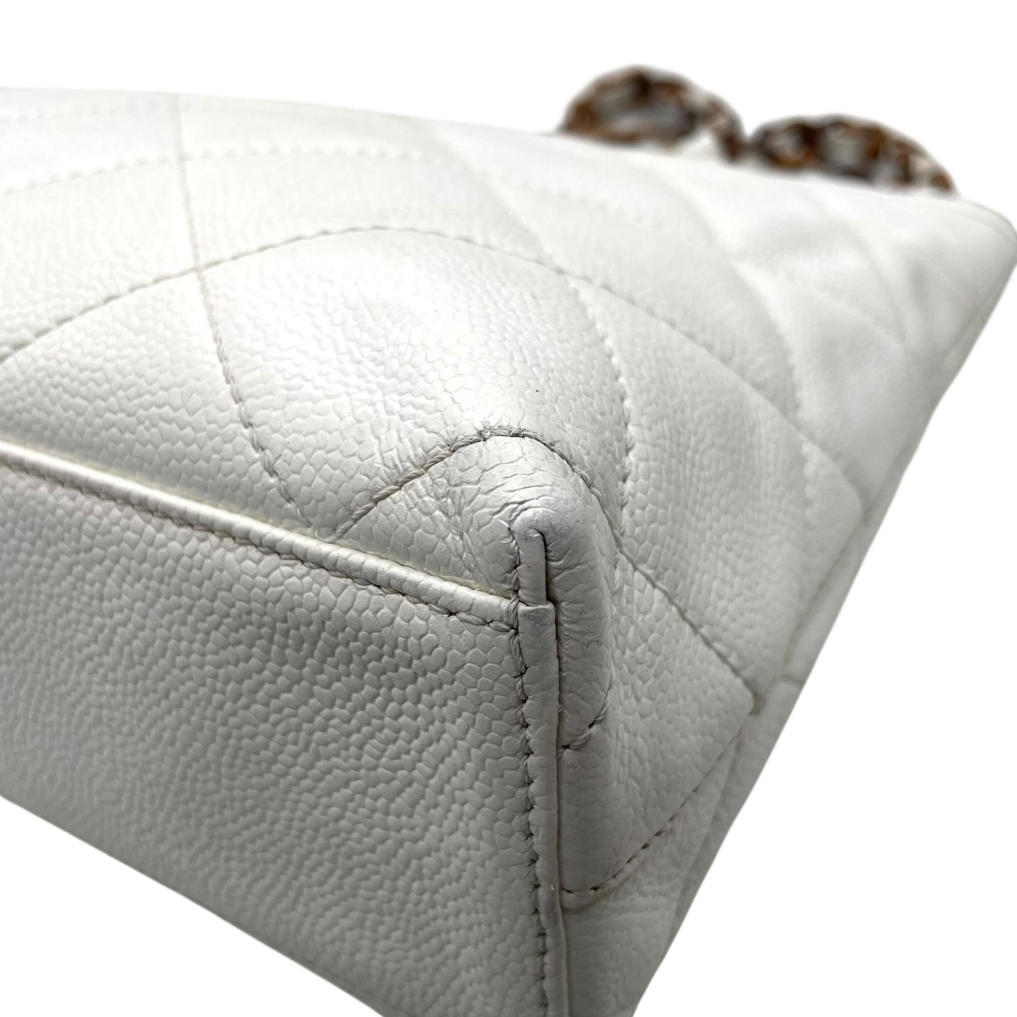 シャネル CHANEL トートバッグ キャビアスキン マトラッセ ココマーク 白 ホワイト ブラウンチェーン シルバー金具 C