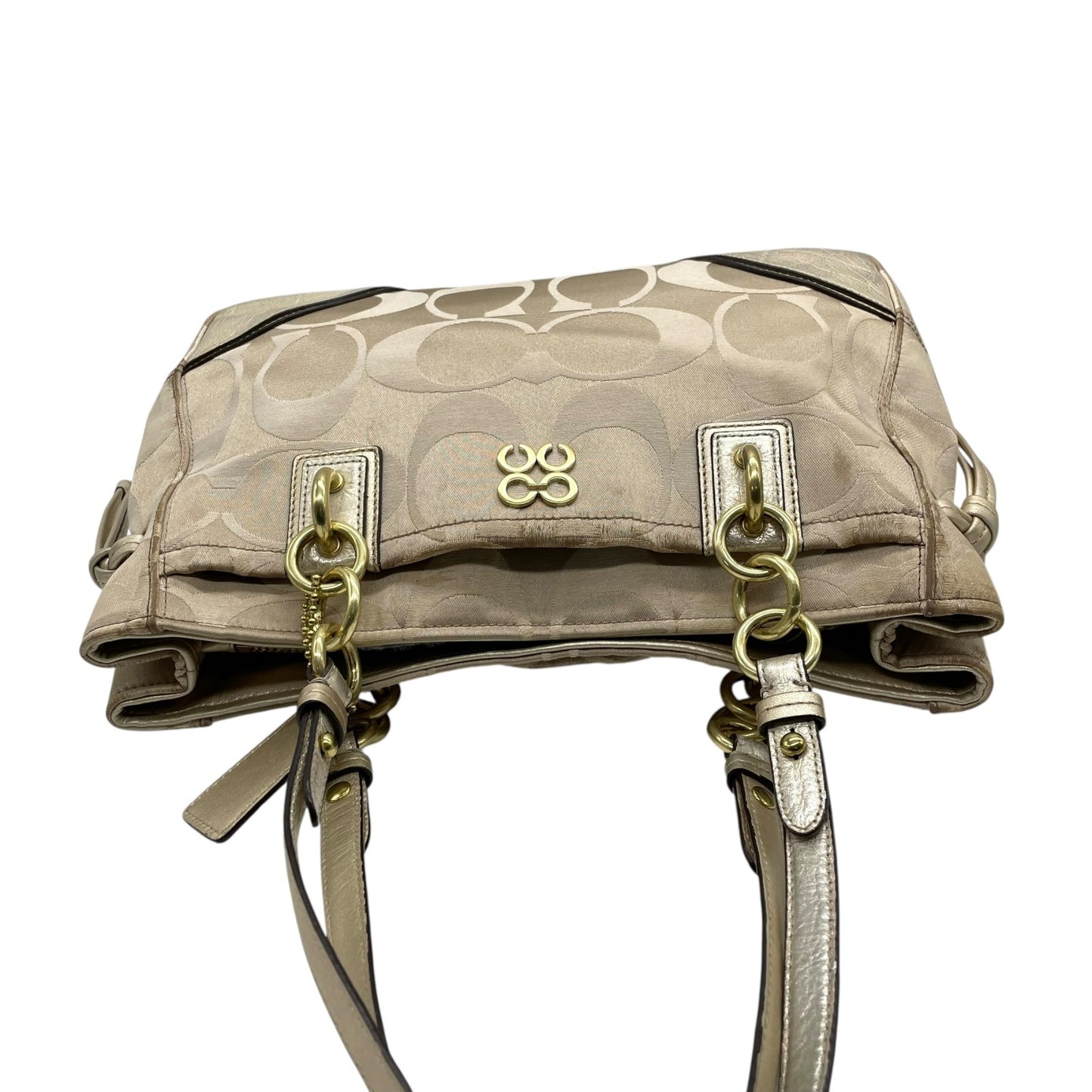 COACH コーチ トートバッグ ショルダーバッグ F16475 コレット シグネチャー キャリーオール サテン キャンバス レザー ベージュ ゴールド 肩掛け可 レディース E10