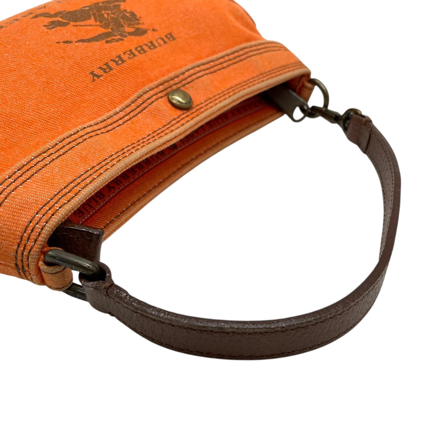 BURBERRY BLUE LABEL バーバリーブルーレーベル アクセサリーポーチ ミニハンドバッグ ホースロゴ オレンジ 茶 ブラウン キャンバス レザー ゴールド金具 Y2K レディース U9