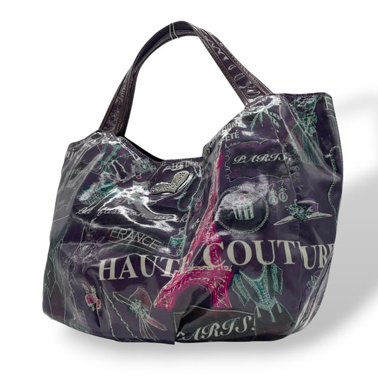 シンクビー Think Bee! ハンドバッグ トートバッグ パリ柄 エッフェル塔 ロゴ プリント 光沢 黒 ブラック レディース S90