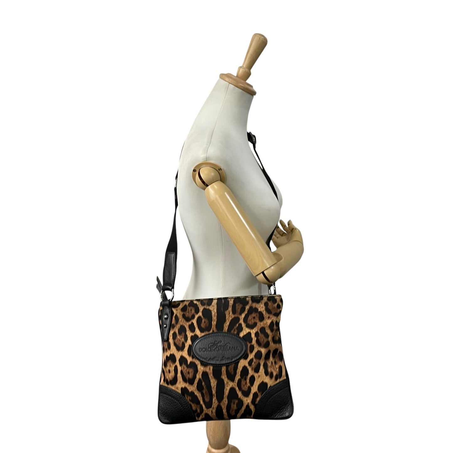 ドルチェ＆ガッバーナ Dolce & Gabbana ドルガバ D&G レオパード アニマル ショルダーバッグ キャンバス 黒 ブラック レザー コンビ ヴィンテージ C6