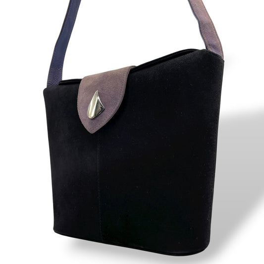 バリー BALLY スエード レザー コンビ ショルダーバッグ フラップ 黒 ブラック グレー金具 レディース C12