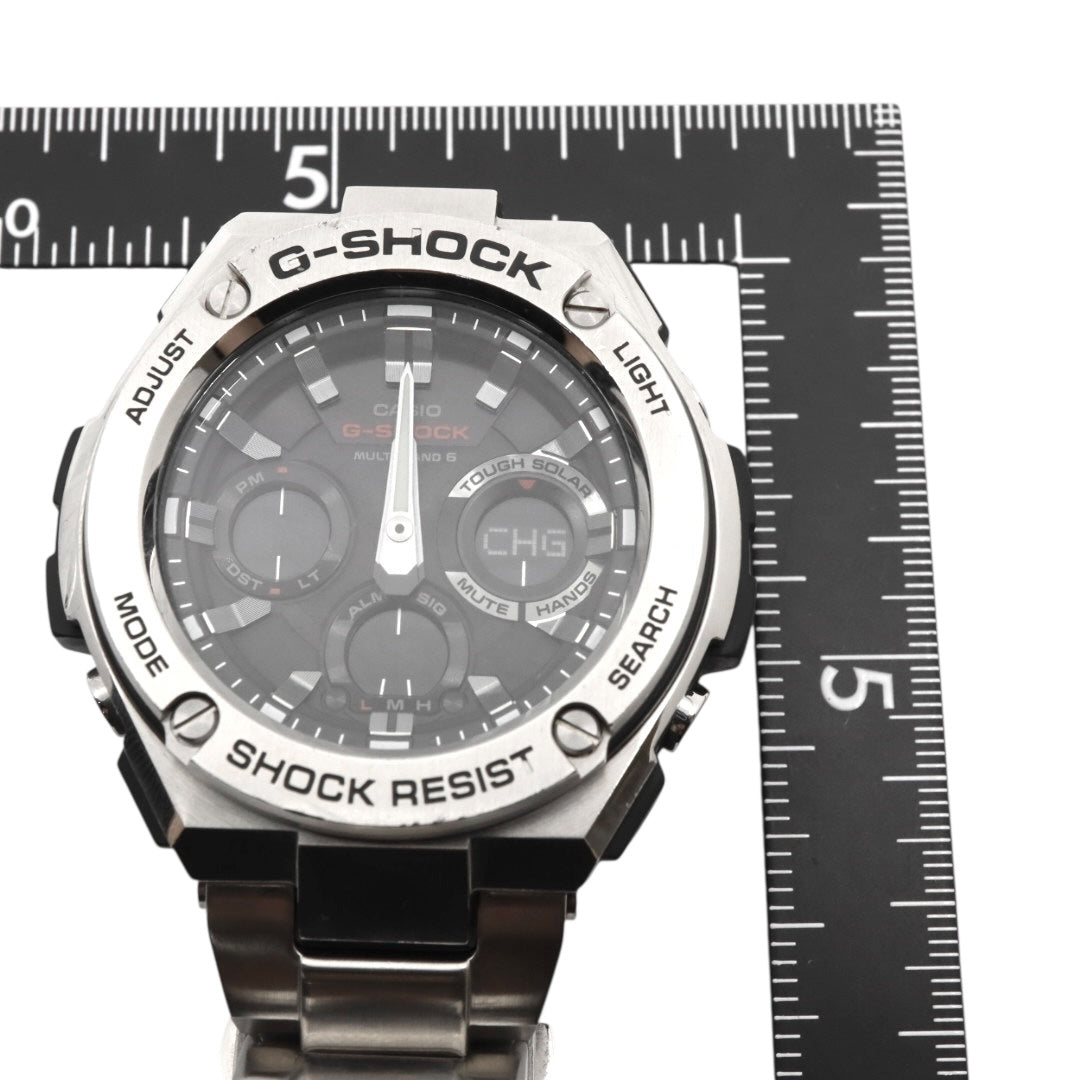 美品 CASIO カシオ G-SHOCK Gスチール GST-W110D ソーラー電波 シルバー メタル フルメタル 腕時計 メンズ クロノグラフ ワールドタイム アラーム タイマー LEDバックライト カシオ ジーショック CASIO GSTW110D G4