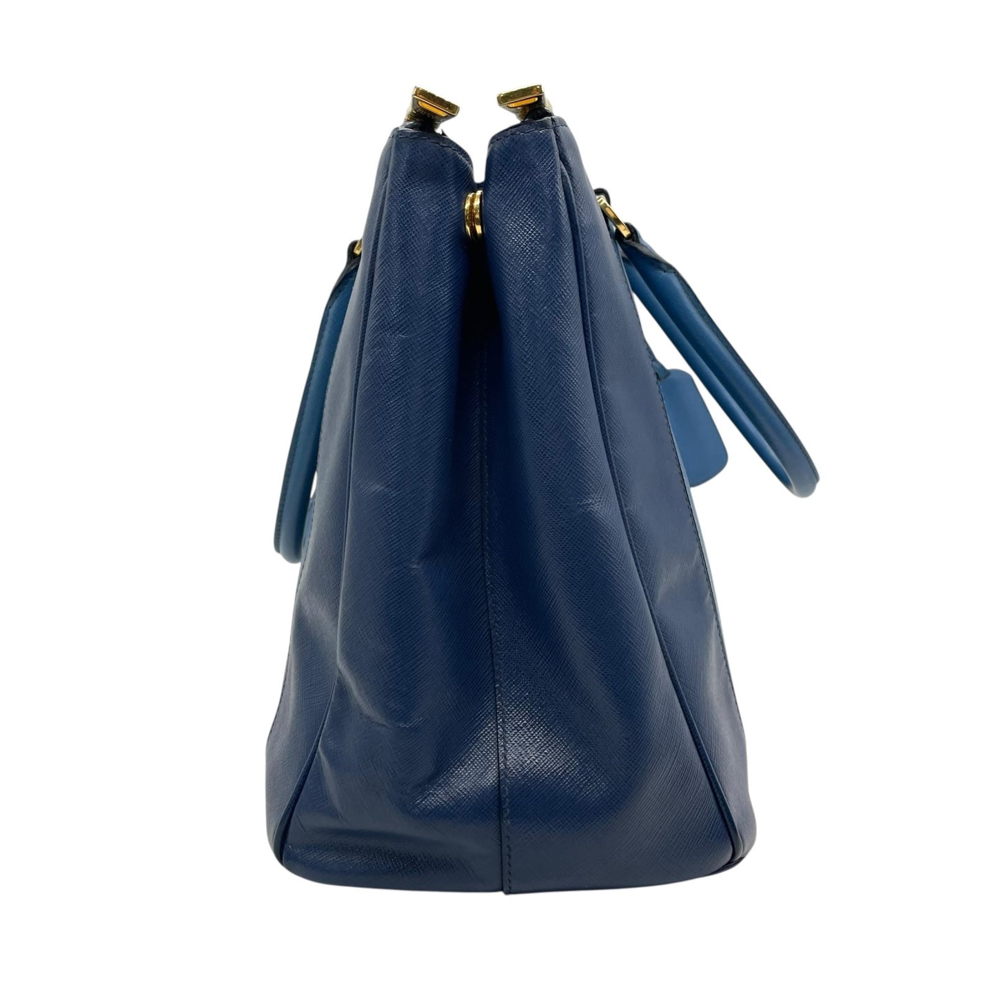 極美品 プラダ PRADA ガレリア ハンドバッグ トートバッグ 2way ショルダーバッグ サフィアーノレザー 三角ロゴ ブルー ゴールド金具 ハンドバッグ メンズ レディース A