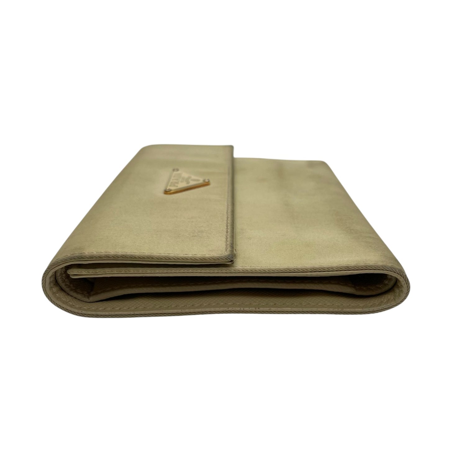 プラダ PRADA 三つ折り財布 コンパクトウォレット ベージュ ナイロン レザー 三角ロゴプレート トライアングルロゴ ゴールド金具 レディース M1